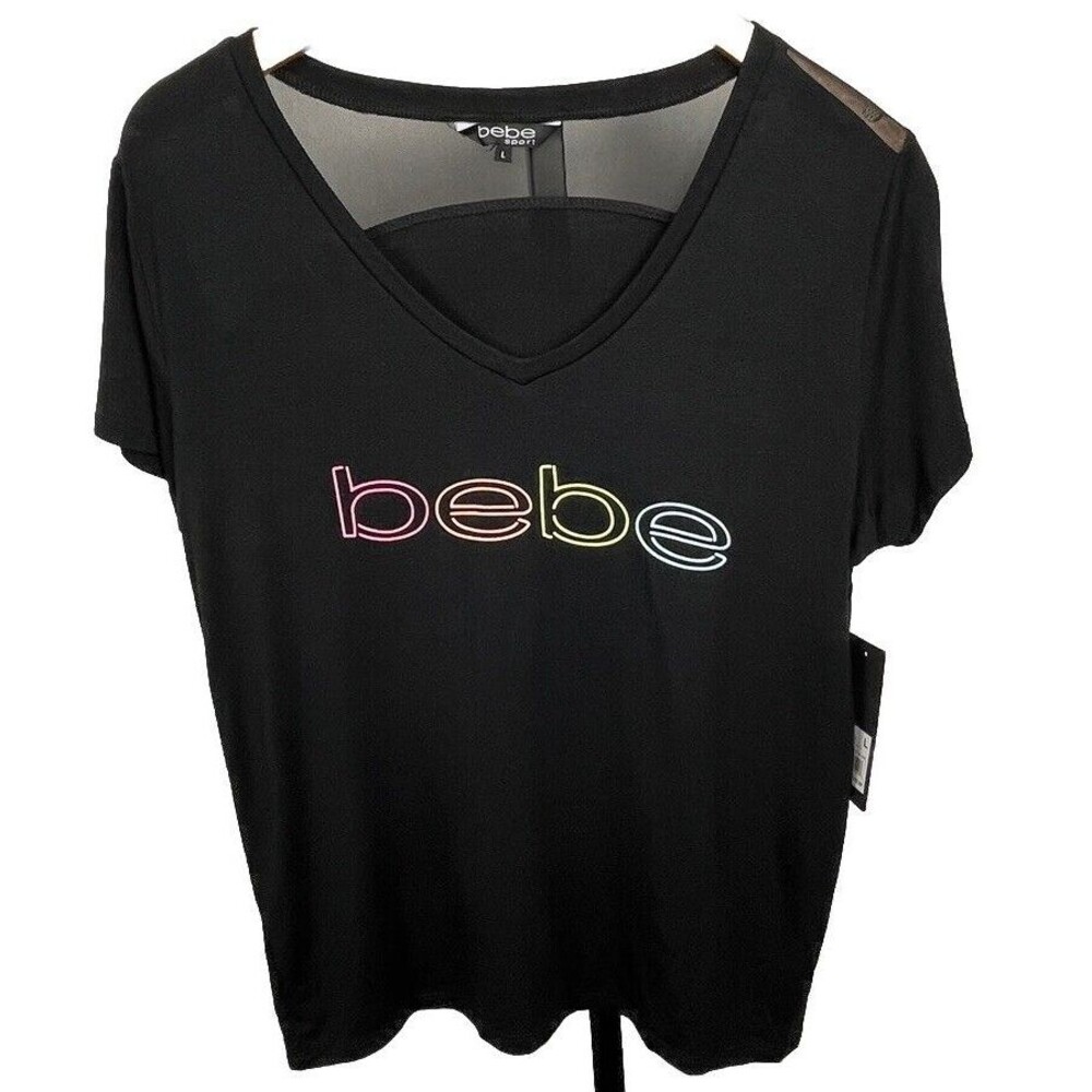 Bebe Sport Black T Shirt Large NWT Rainbow Spellout Logo V-Neck Sheer Back Edgy